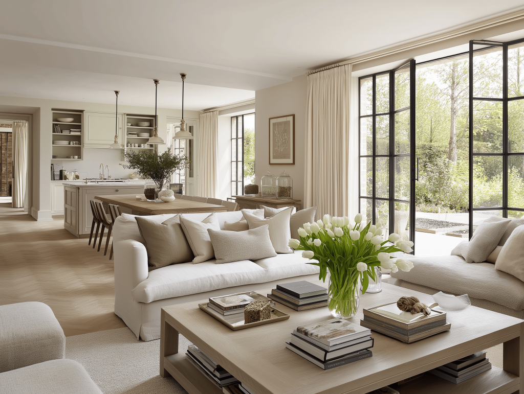 Latest interior design trends for living rooms with natural light and indoor greenery.