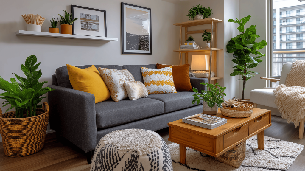 Trending living room colors featuring grey and mustard yellow accents