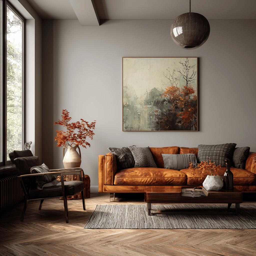 Trending living room furniture featuring leather textures and minimalist wall art