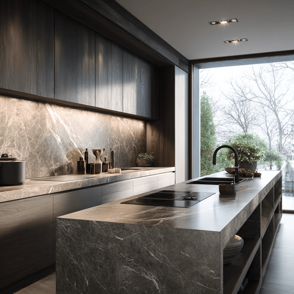Black marble kitchen countertops define sleek luxury in contemporary kitchen design