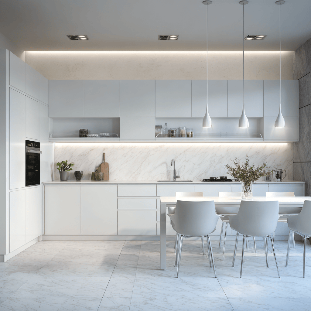 White kitchen cabinets with marble countertops define sleek modern minimalist interiors