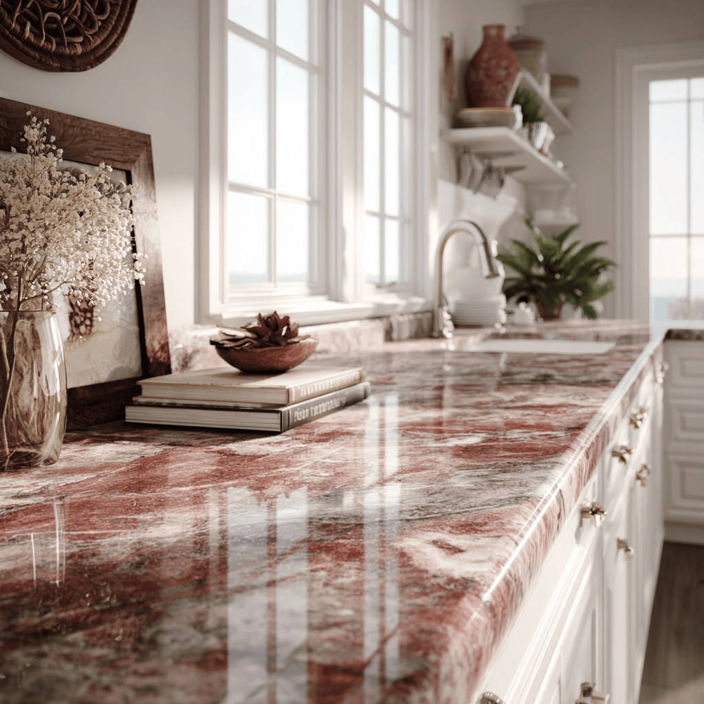 White kitchen cabinets with marble countertops add warmth and classic elegance
