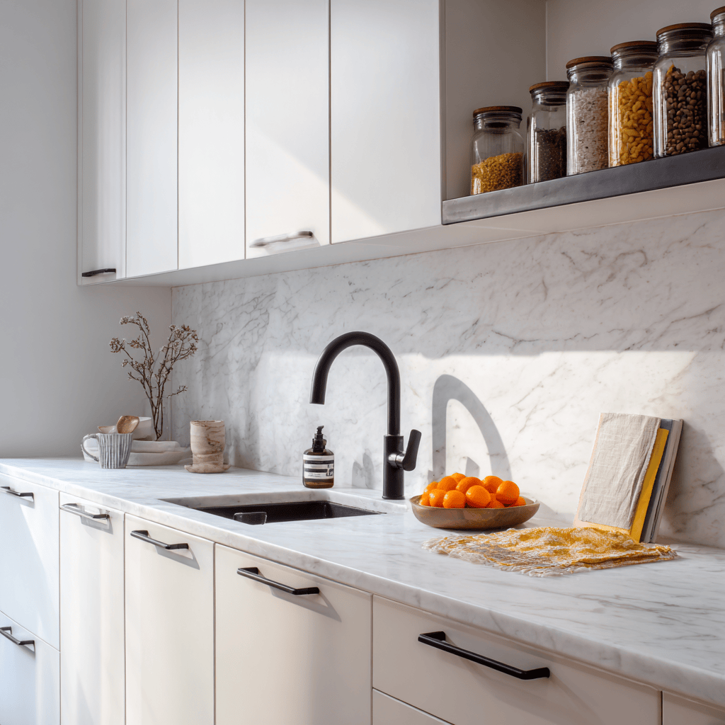 White kitchen cabinets with marble countertops create a bright elegant kitchen