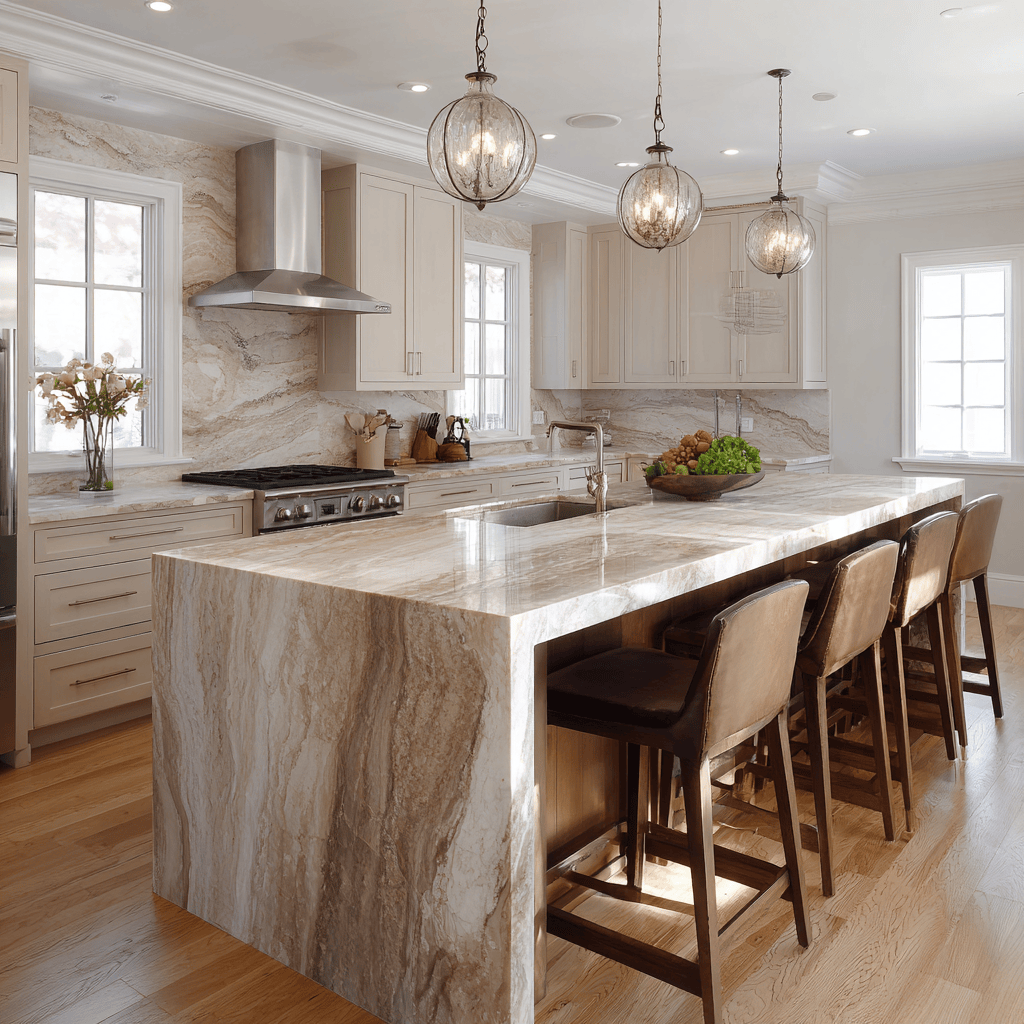 White kitchen cabinets with marble countertops create a timeless luxury kitchen