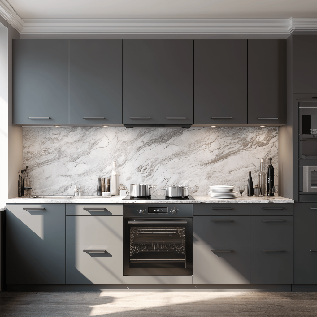 White marble kitchen countertops contrast beautifully with dark modern kitchen cabinets