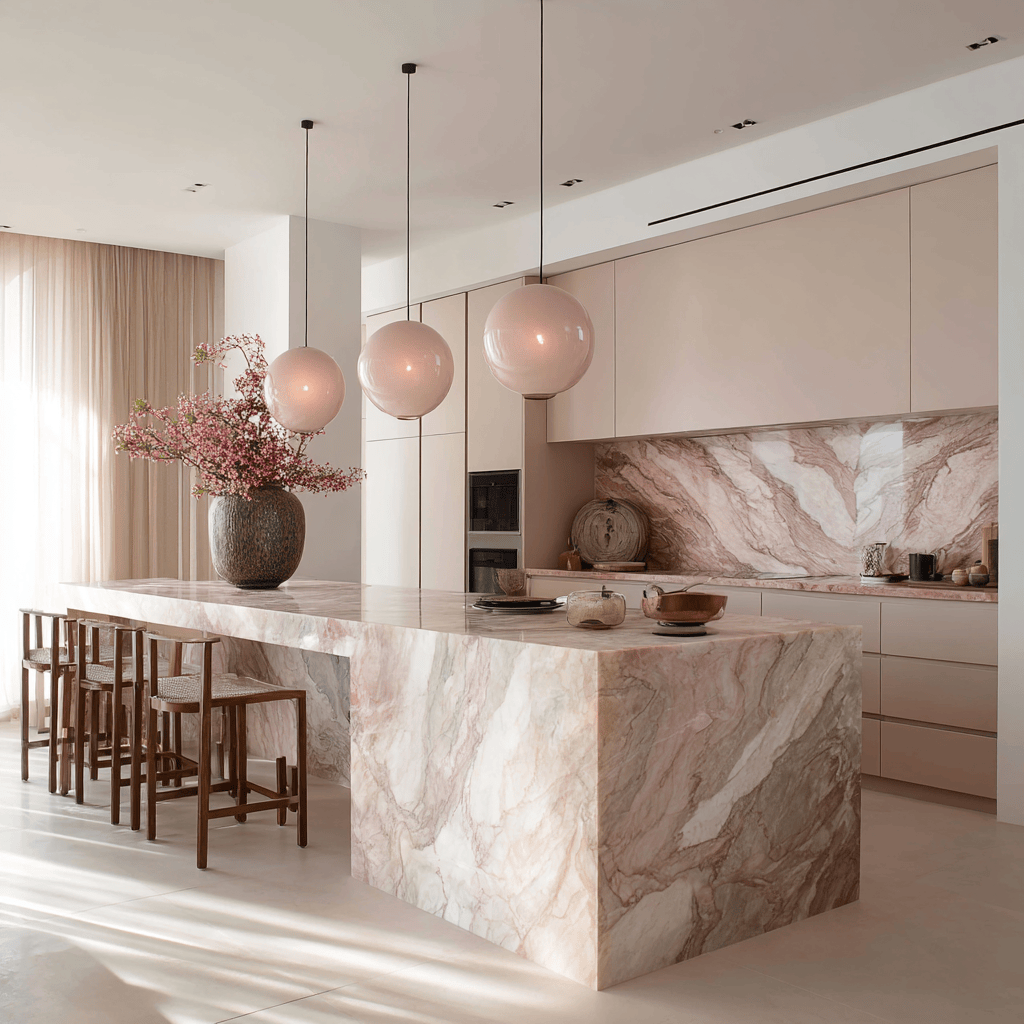White marble kitchen countertops paired with white cabinets for luxury
