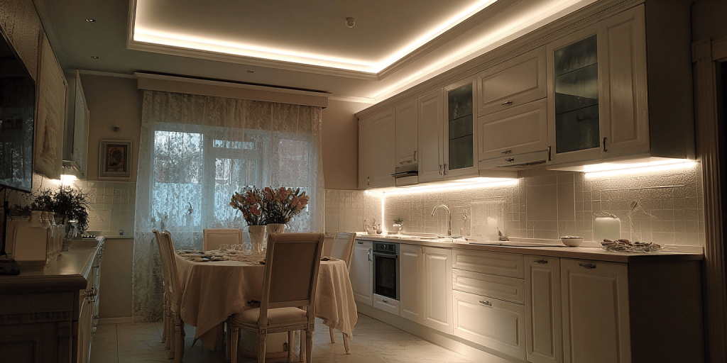 Latest kitchen ceiling lighting ideas with cabinet strip lighting design.