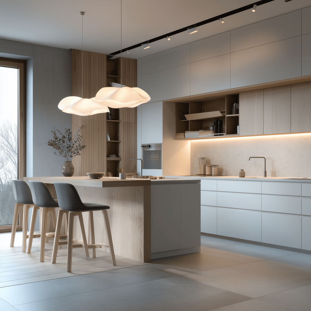 Latest modular kitchen design featuring ceiling down lighting and strip lights.