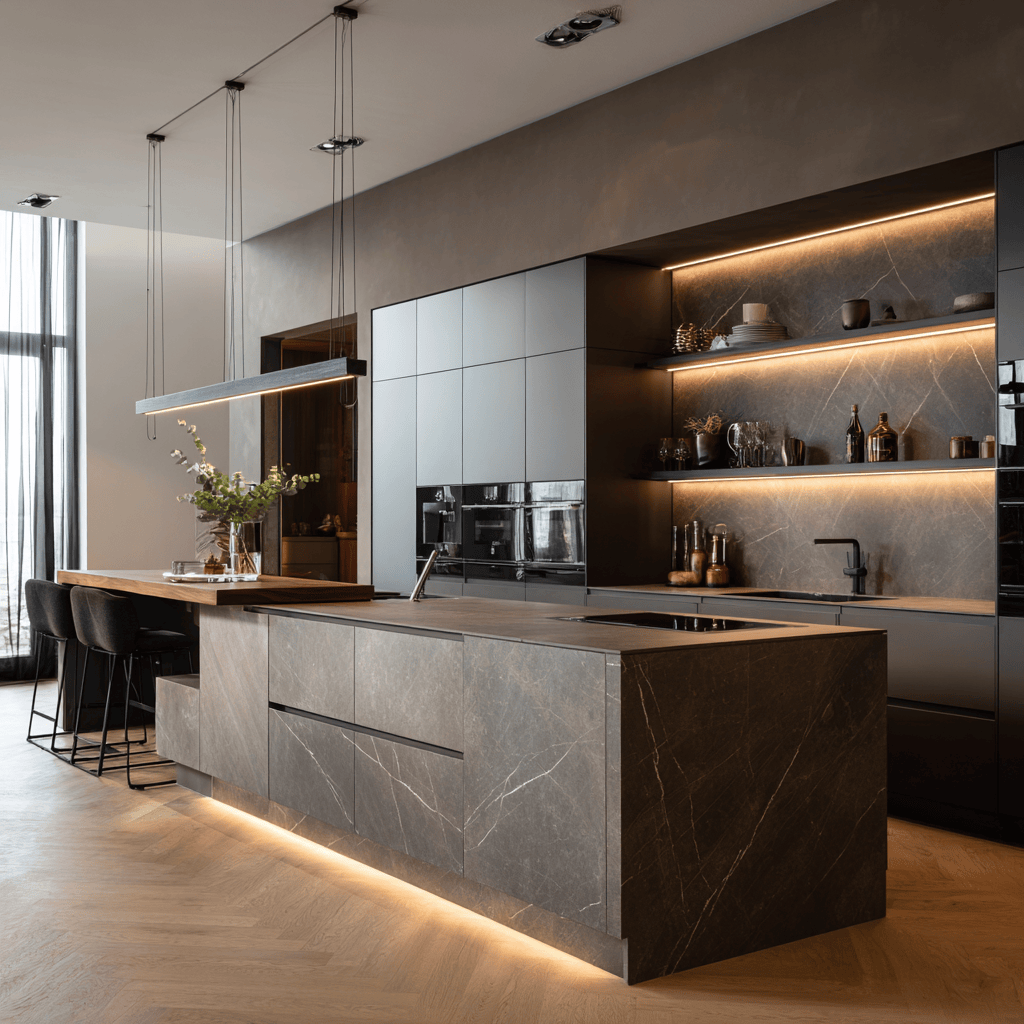 Latest modular kitchen design featuring ceiling down lighting and strip lights.