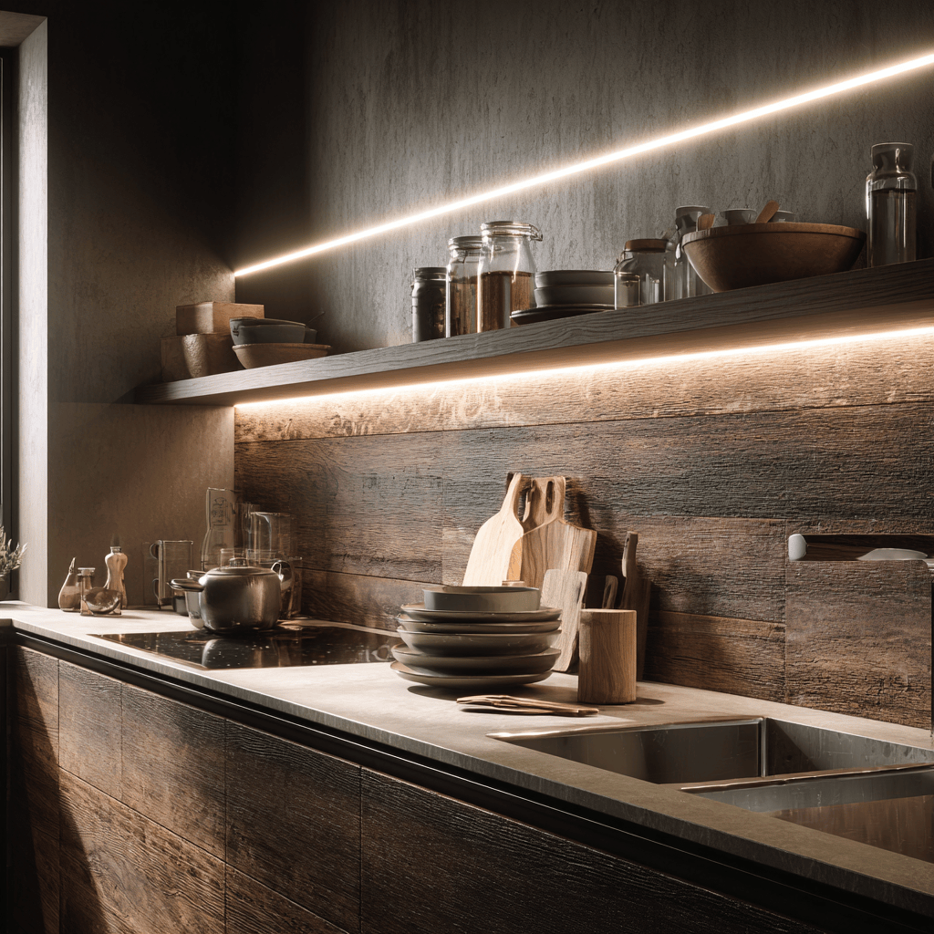 Latest modular kitchen design featuring ceiling down lighting and strip lights.