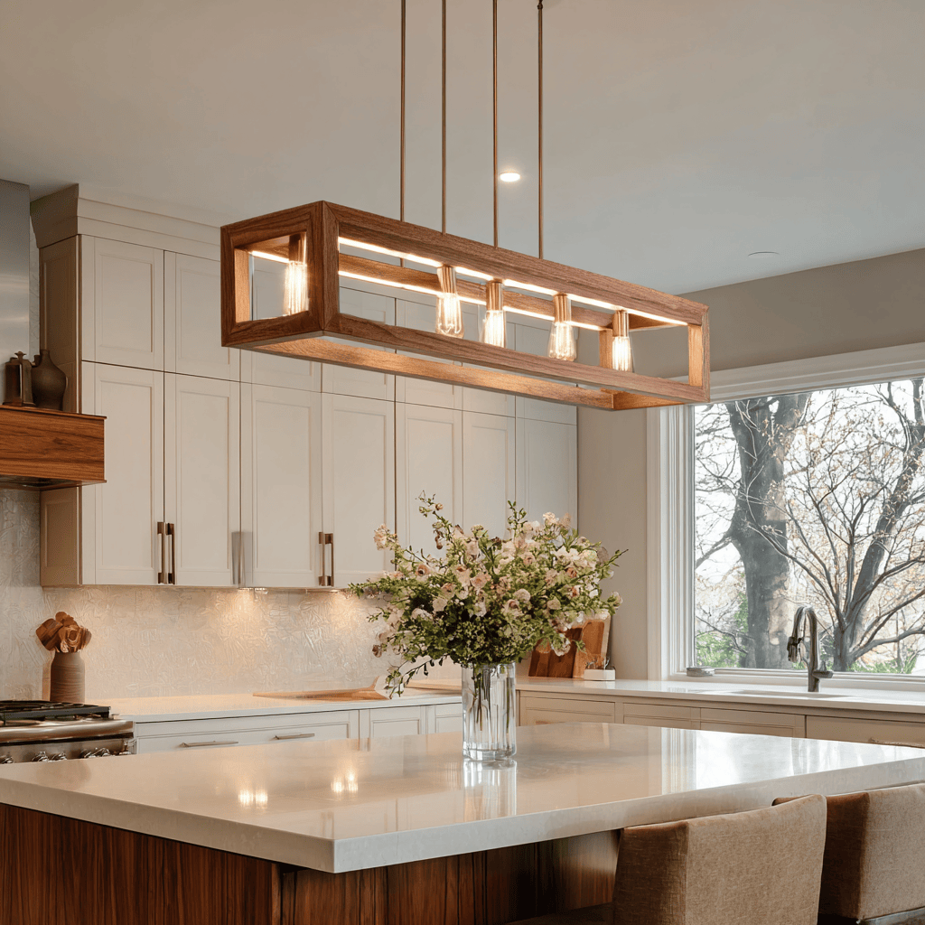 Latest modular kitchen design featuring ceiling pendant and cabinet strip lighting.