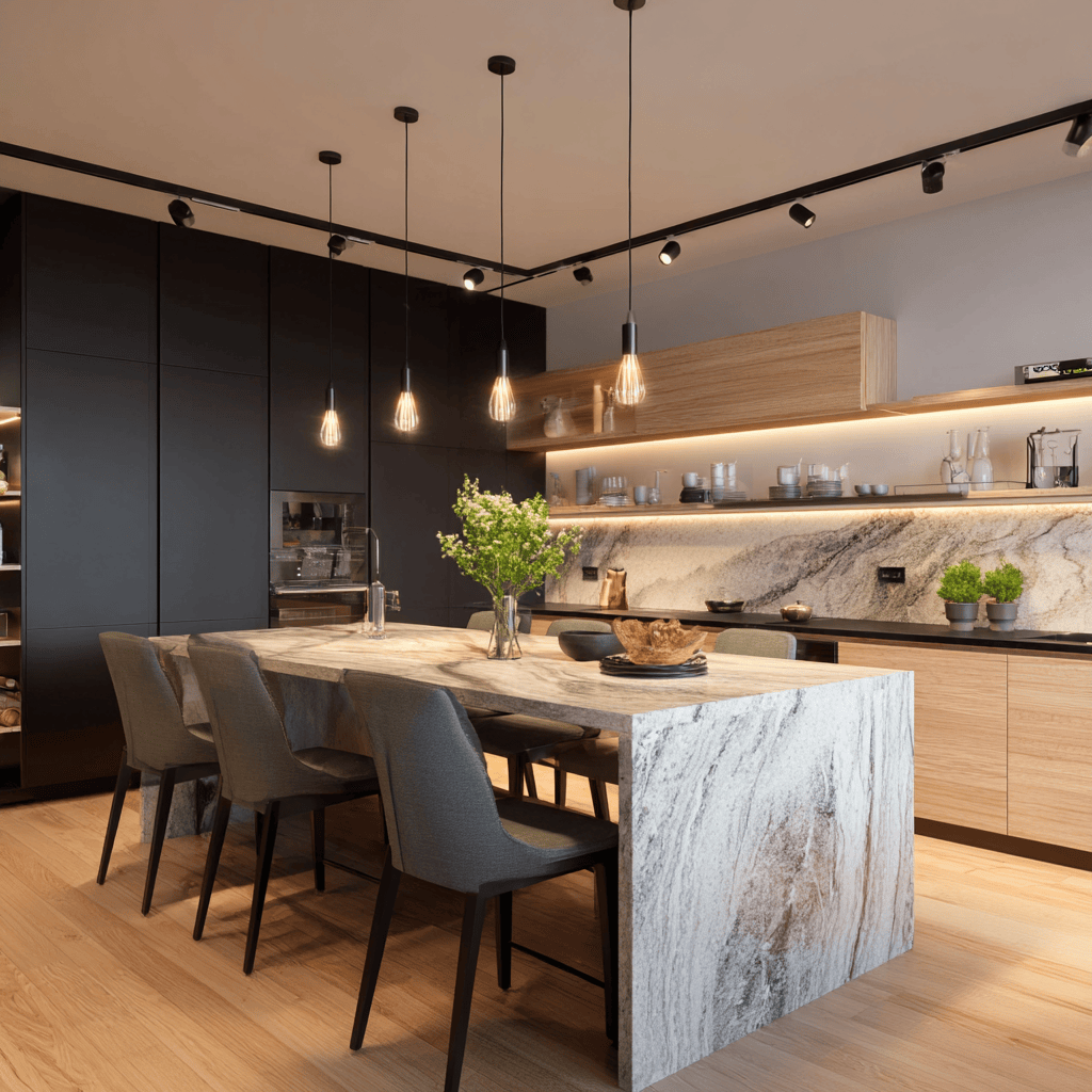 Latest modular kitchen design featuring ceiling down lighting and strip lights