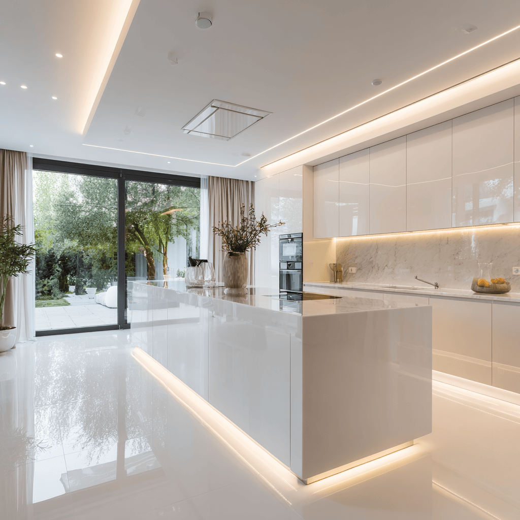 Latest modular kitchen design featuring ceiling down lighting and strip lights