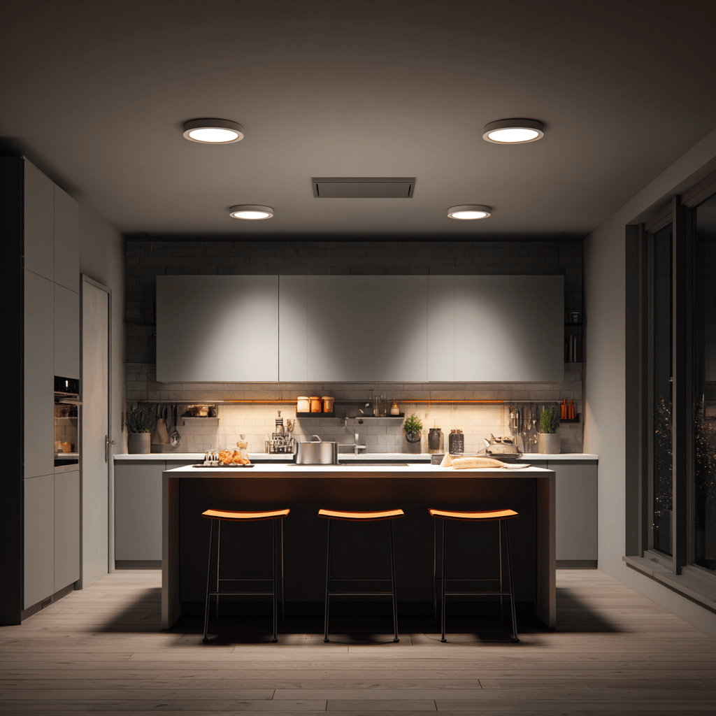 Latest modular kitchen design with ceiling down lighting and strip lights.