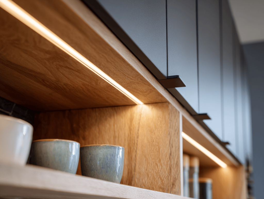 Latest modular kitchen design featuring ceiling down lighting and strip lights.