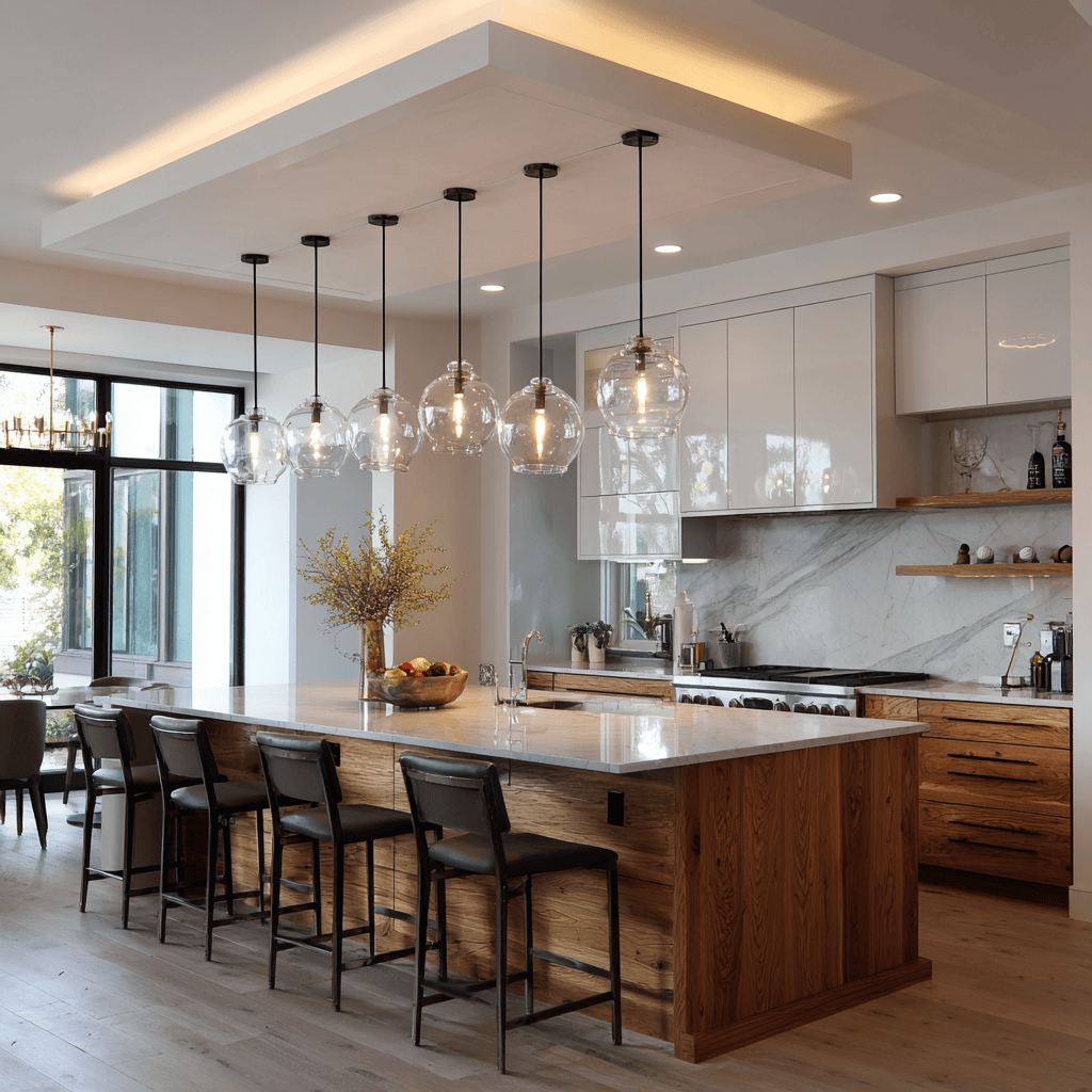 Latest modular kitchen design featuring ceiling down lighting and strip lights.
