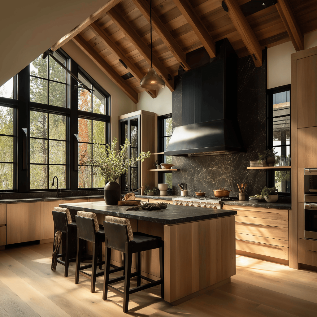 Contemporary rustic kitchen design with elegant wooden cabinets and beams