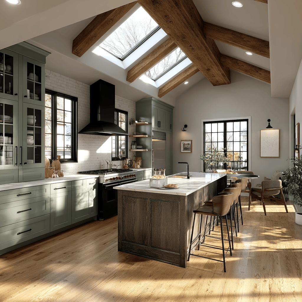 Modern rustic kitchen design with elegant cabinets and wooden beams