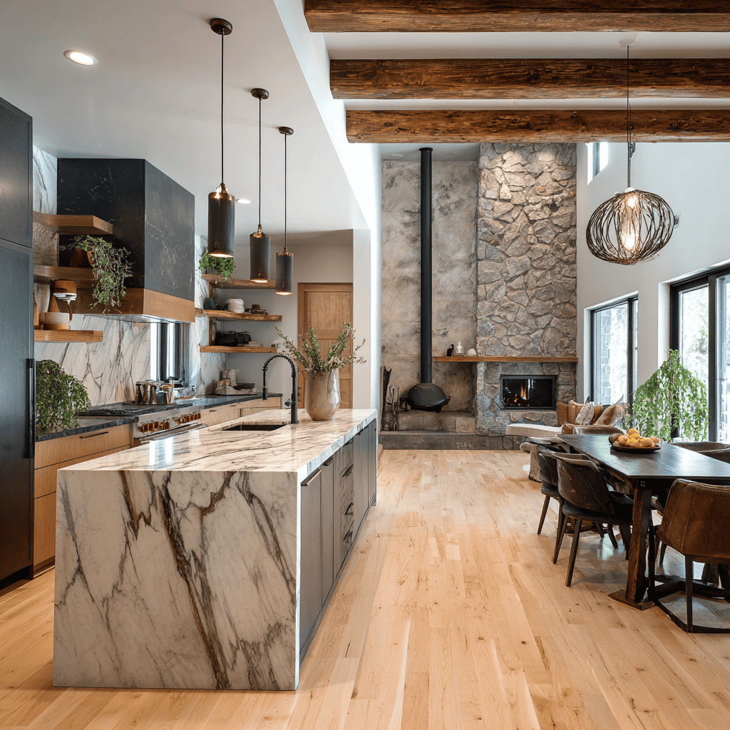 Modern rustic kitchen design with marble island wooden beams elegance