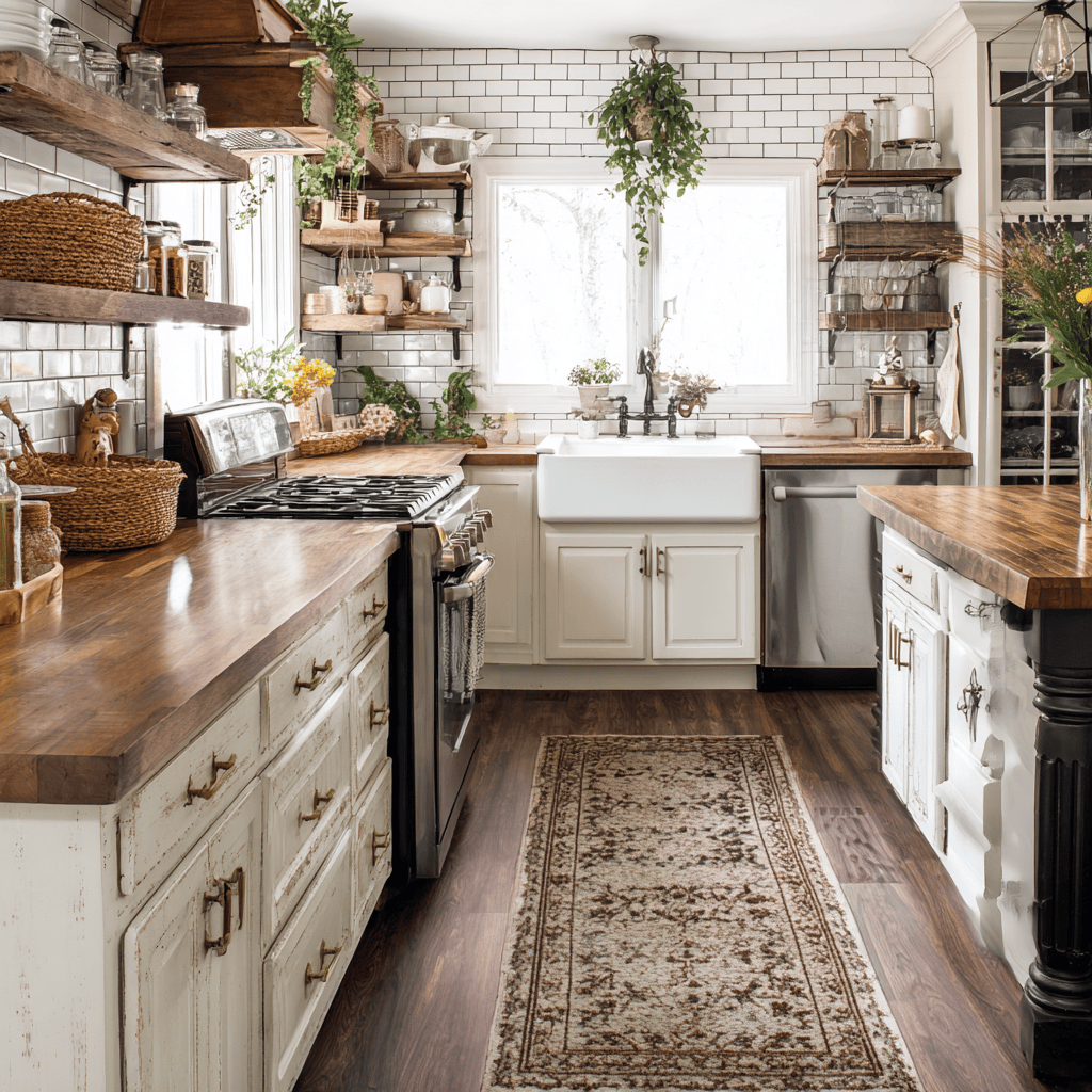 Rustic country kitchen design ideas with vintage cabinets and wooden countertops