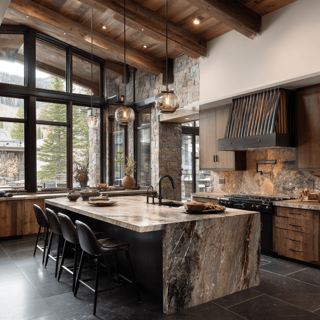 Rustic elegant kitchen design with stone island and wooden cabinets