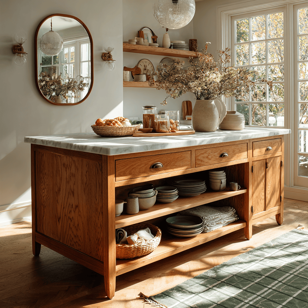 Rustic elegant kitchen design ideas featuring wooden cabinets and marble countertop