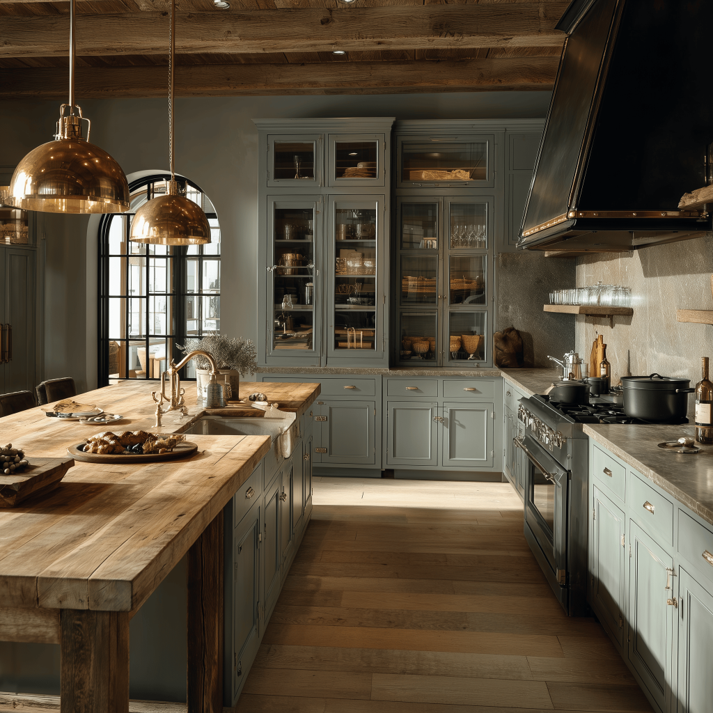 Rustic Italian kitchen design with rustic cabinets and wood island