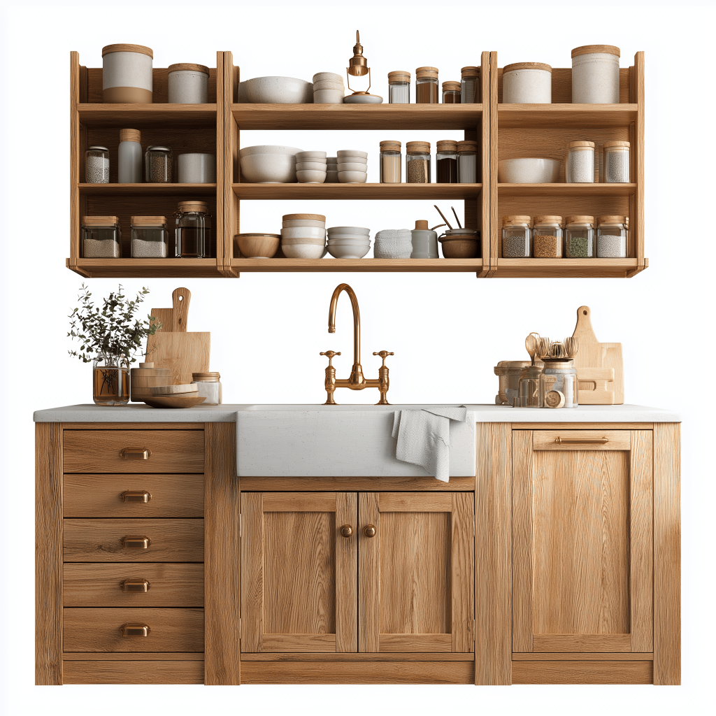 Rustic kitchen cabinet designs with wooden shelves and farmhouse sink
