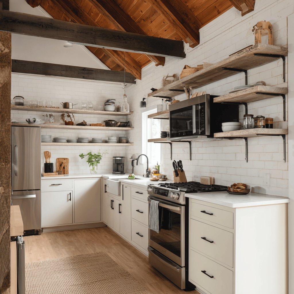 Rustic kitchen design ideas with open shelves wooden cabinets style