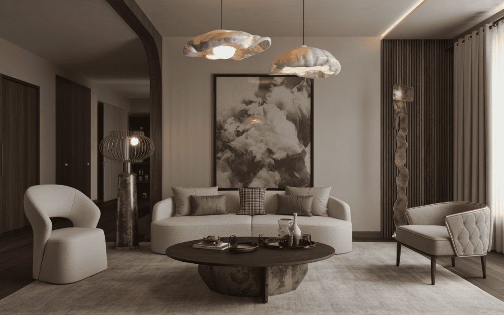 Modern living room trends with neutral tones and artistic lighting decor