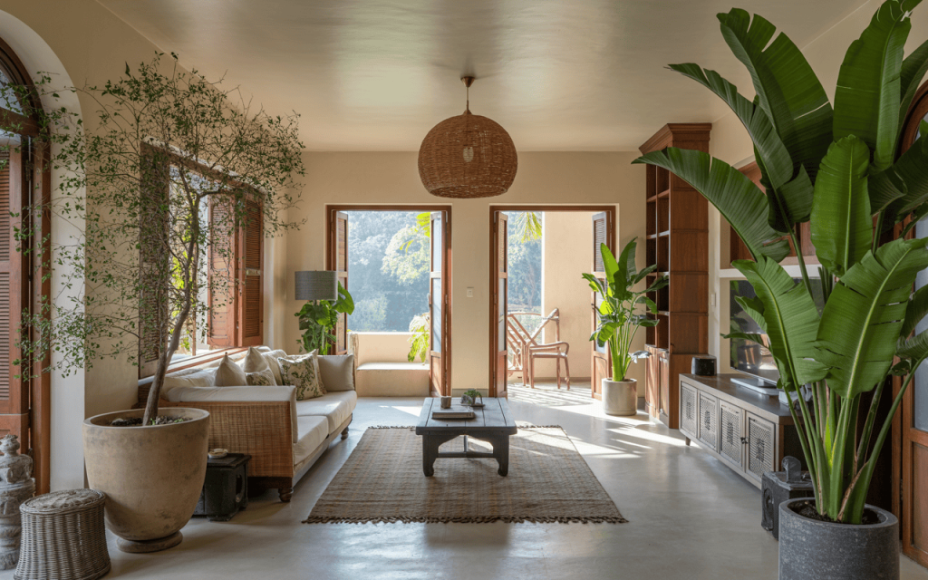 Bright latest trends in living room decor with greenery and natural wood accents