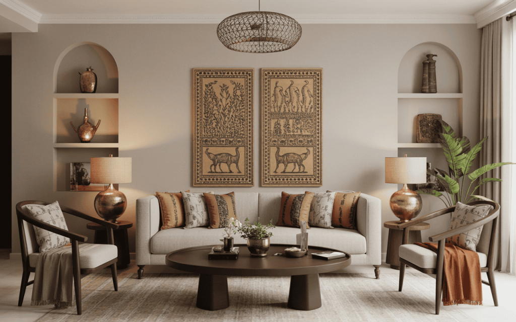 Latest trends in living room decor with earthy tones and modern art pieces