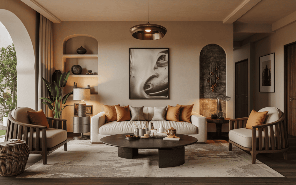 Modern living room trends with earthy tones and cozy wooden furniture