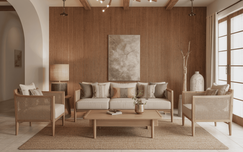Latest living room trends with wooden textures and cozy neutral seating