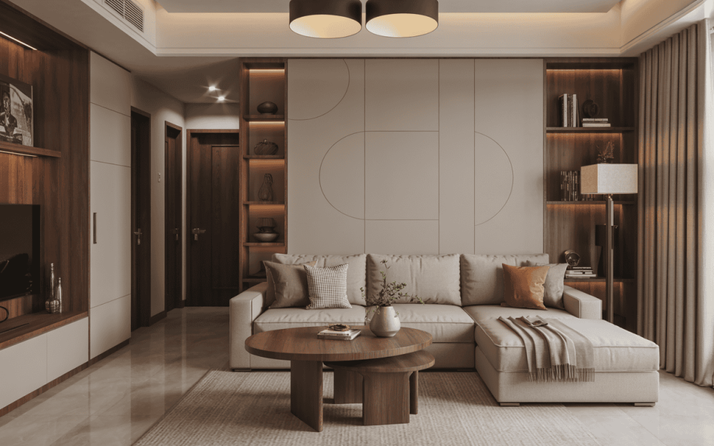 Latest interior design trends for living rooms with beige sofa and wood decor