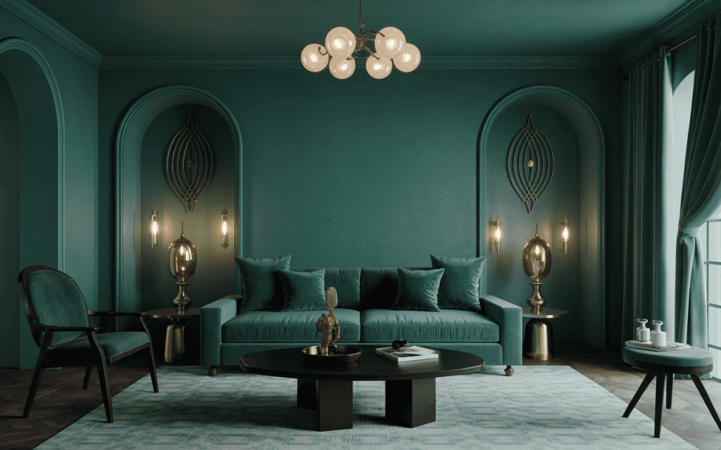 Trending living room paint colors with teal walls and modern gold lighting
