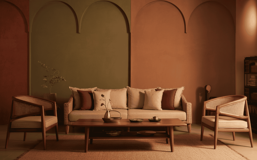 Elegant trending living room colors with earthy tones and natural wood furniture