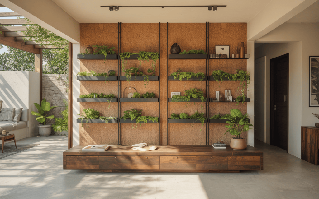 Modern types of interior design with vertical garden and natural wooden textures