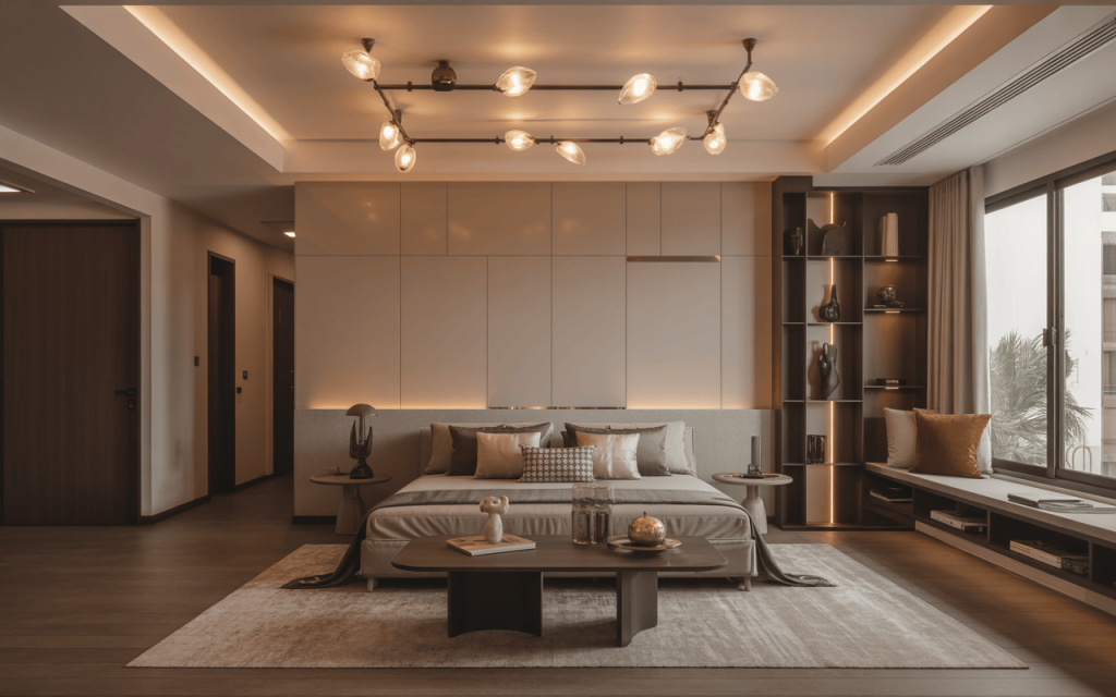 Home interior design with warm lighting and stylish modern bedroom decor