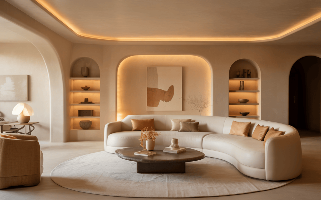 Elegant latest interior design with warm lighting and curved beige modern furniture