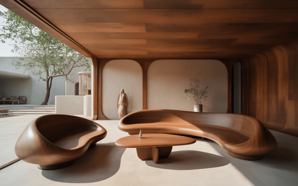Elegant best interior design with organic wooden furniture and modern curved layout
