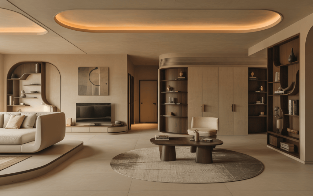 Best home interior design with curved furniture and warm modern lighting