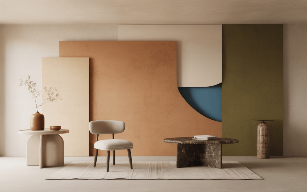 Latest interior design trends with earthy tones and geometric wall panels