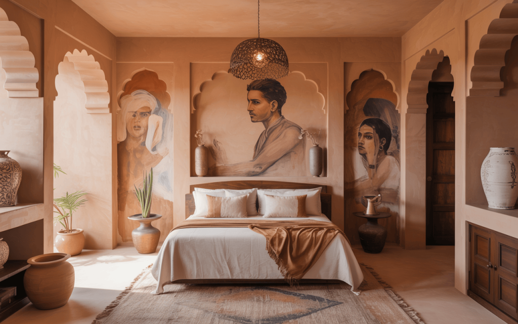 Elegant interior design styles with earthy tones and traditional artistic bedroom decor