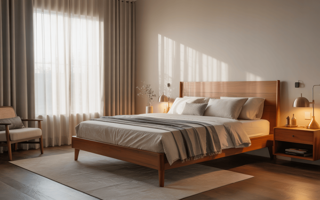 Wooden bed headboard design with warm lighting and minimalist bedroom style