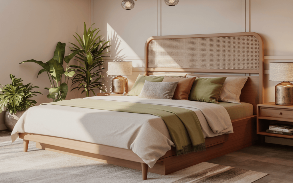 Elegant wooden cot headboard design with natural light and indoor plants around the bed