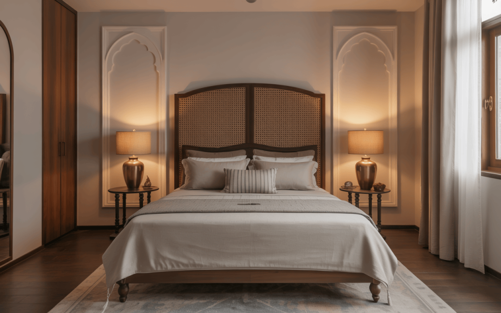 Elegant wooden bed with cushion headboard design blending luxury and classic charm