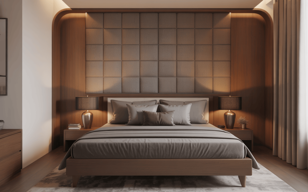 Luxurious modern wooden bed headboard design with soft lighting and elegant tones