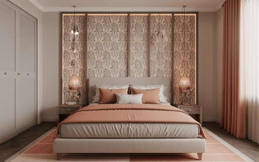Elegant wooden bed with cushion headboard in warm tones and patterned wall backdrop