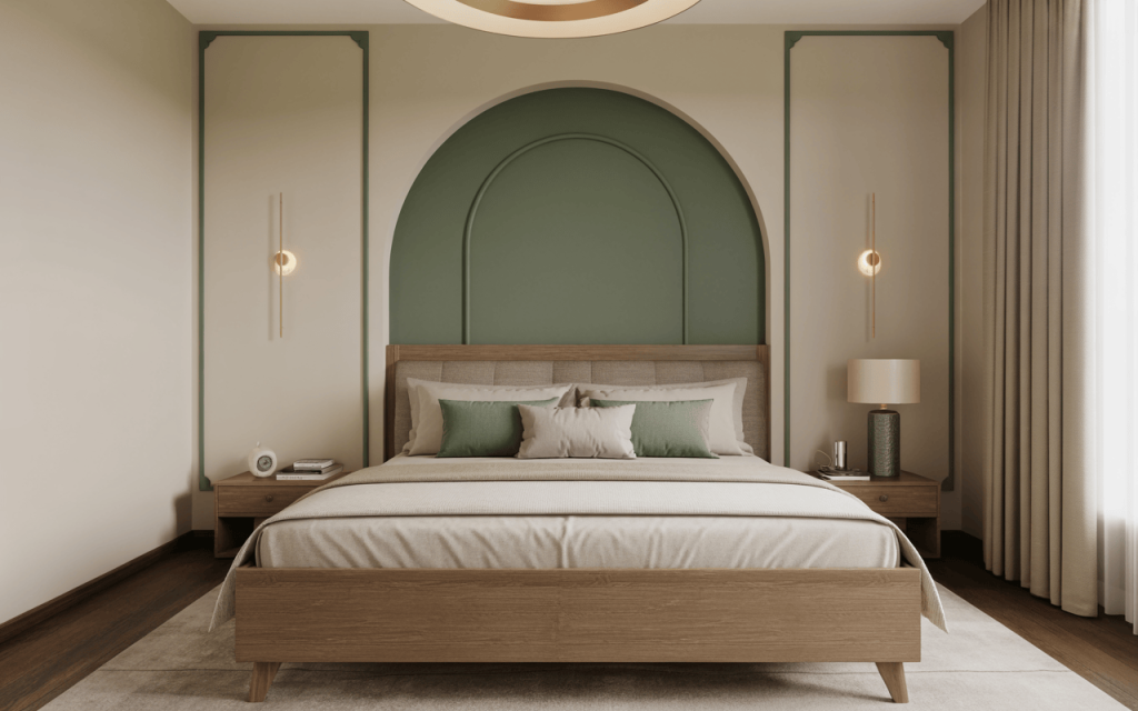 Modern wooden bed headboard design with soft lighting and green backdrop